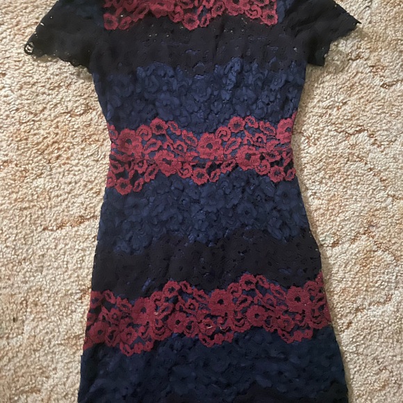 Sexy Red and Black Lace Color Block Striped Dress by Express - Picture 3 of 7